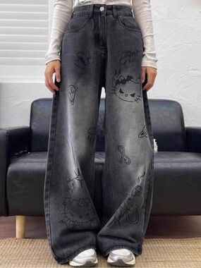 Wide-Leg Black Graphic hello kitty Jeans for Women